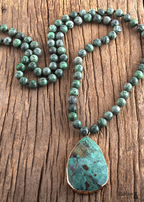 Boho Necklace, RH India Agated Blue and Green Natural Stone